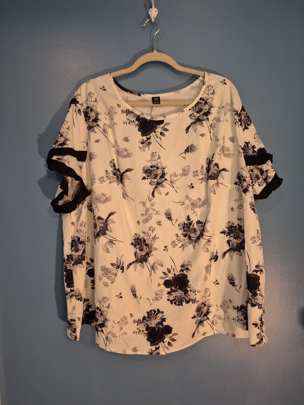 SHEIN Cream Blouse with Black Floral Print and Ruffle Sleeves